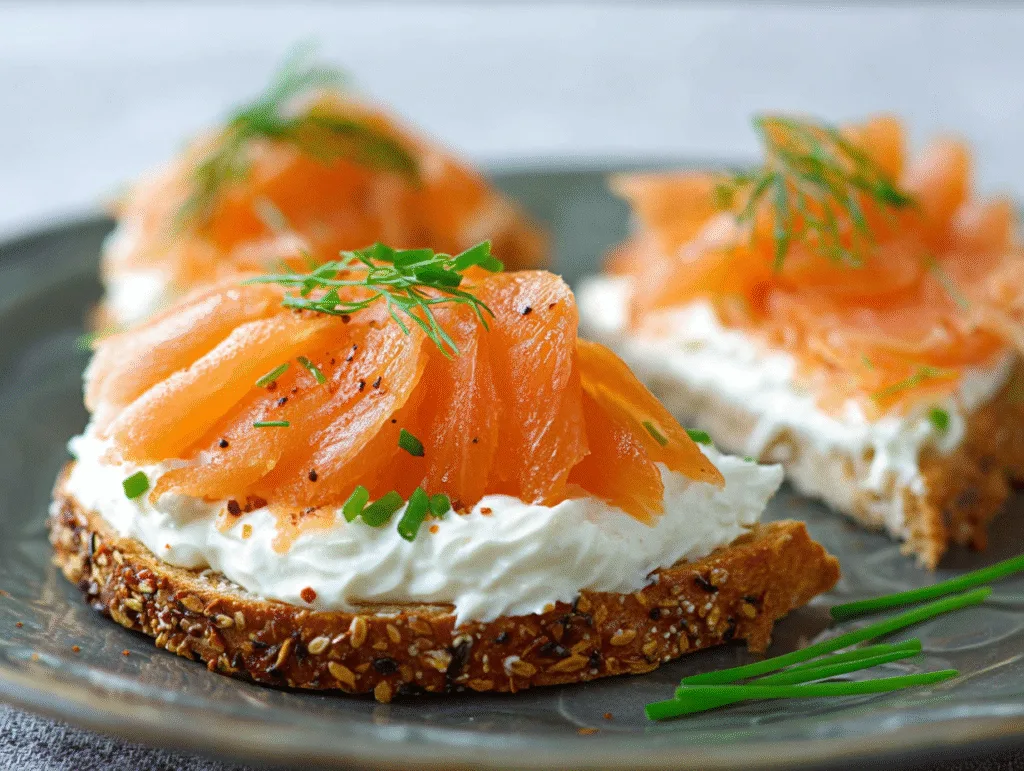 Whole-grain toast topped with cream cheese, smoked salmon slices, fresh herbs, and seasonings