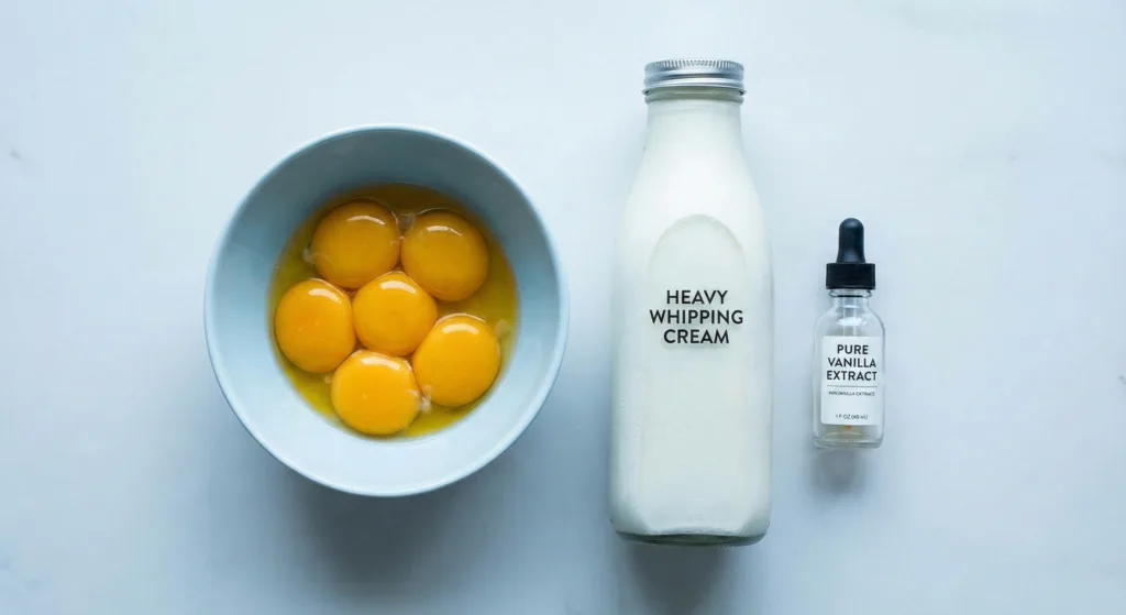 Flat lay of ice cream ingredients including egg yolks, heavy whipping cream, and vanilla extract.