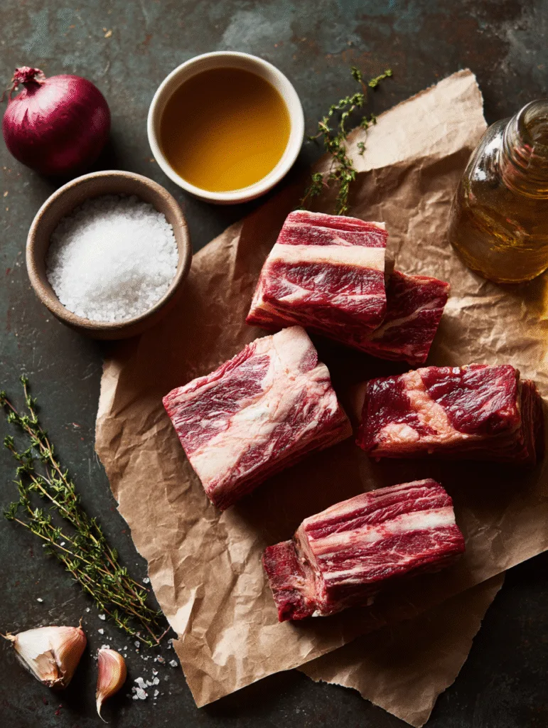 Raw beef short ribs with salt, garlic, oil, herbs, and onion arranged on a rustic flat lay.
