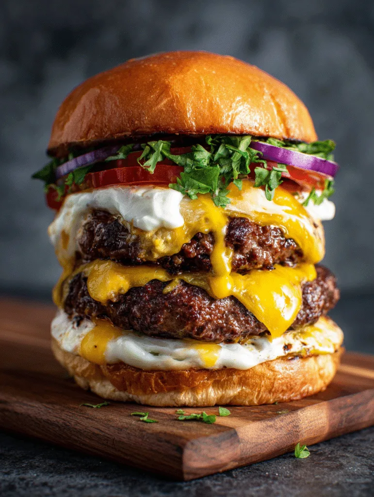 Double smash burger stacked with cheese, lettuce, tomato, and onions