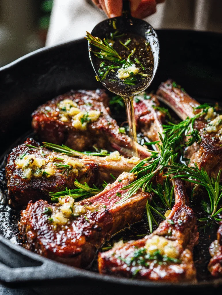 Garlic butter basted lamb chops in a cast iron skillet with rosemary.