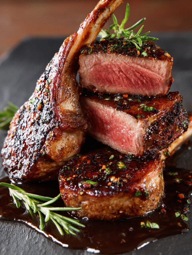 Juicy pan seared lamb chops cooked medium rare with garlic butter and rosemary.