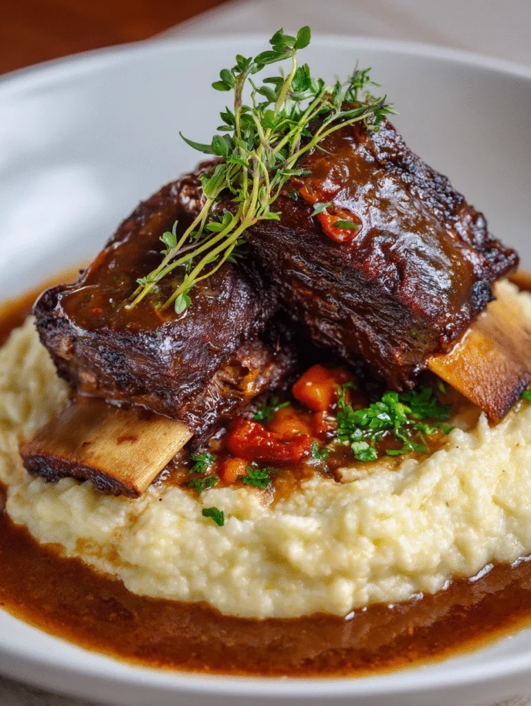 Slow-braised beef short ribs plated with cauliflower mash and topped with fresh thyme.