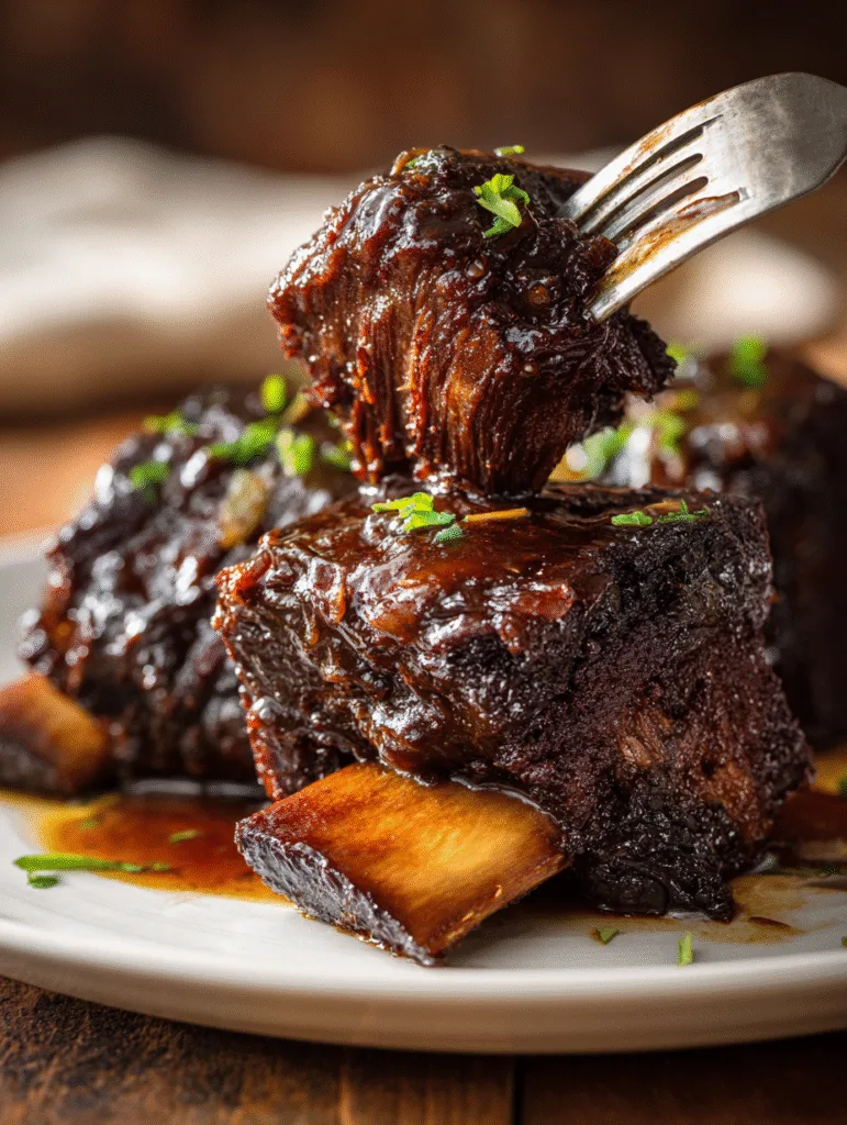Fork-tender slow cooked beef short ribs with rich glossy sauce on a plate.