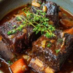 Fall-off-the-bone slow cooked beef short ribs simmered in rich broth with carrots, onions, and fresh thyme.