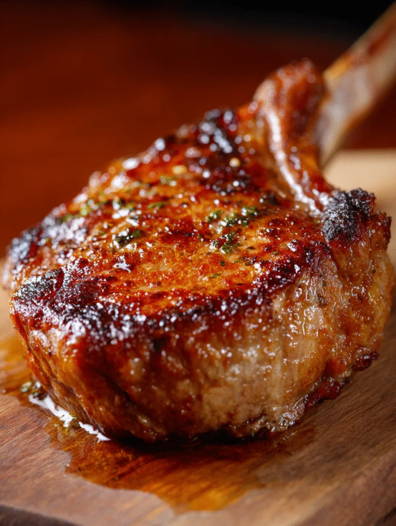 Close up of a thick pan seared lamb chop with a golden crust and garlic butter.